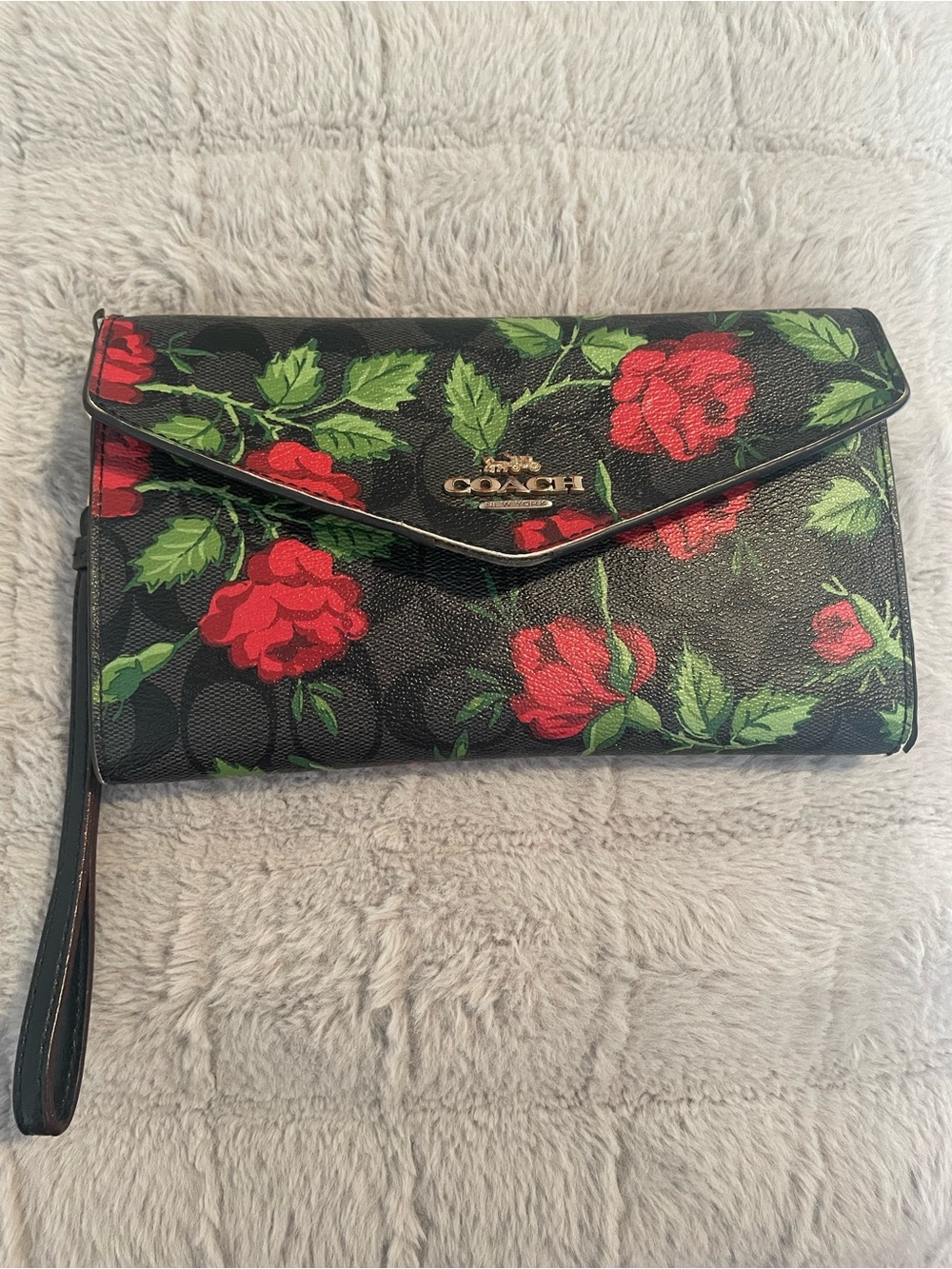 Coach Fairytale Black Leather Floral Wristlet with Red Rose Print